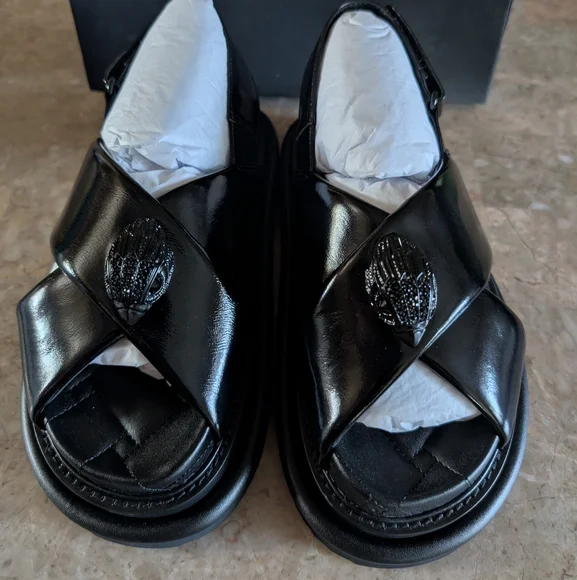 Kurt Geiger Landon Oroson Patent Cross Strap Platform Black Leather Sandal $240 - Picture 6 of 11